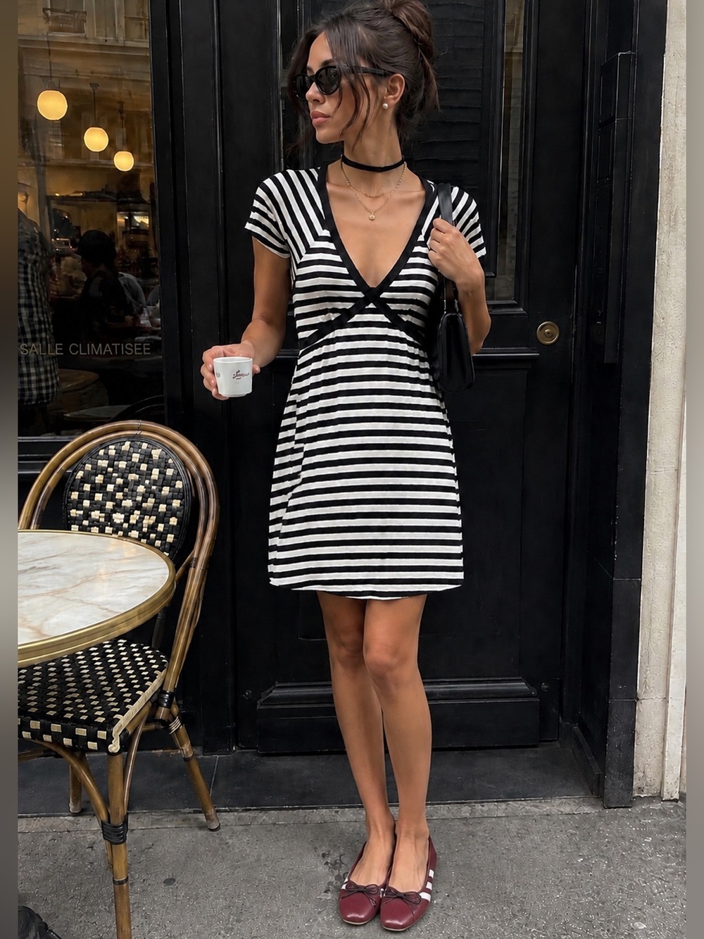 Bebe Vintage Y2K French Girl Babydoll Mini Dress Black White Striped Miami Vegas